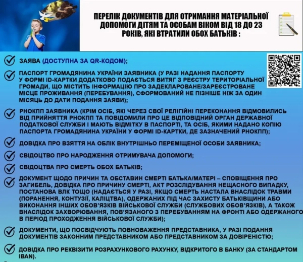 Перелік документів для отримання матеріальної допомоги дітям та особам віком від 18 до 23 років, які втратили обох батьків