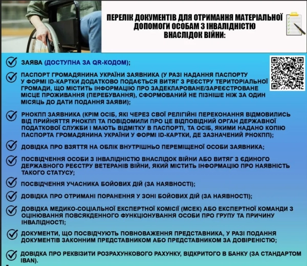 Перелік документів для отримання матеріальної допомоги особам з інвалідністю внаслідок війни 