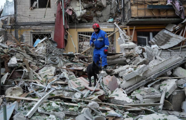 Наслідки ворожого удару по Києву. / ДСНС зруйнований будинок у Києві, рятувальник, собака